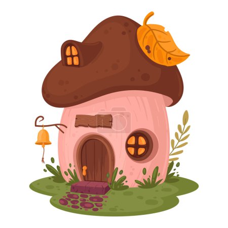 Illustration for Cartoon mushroom house. Fantasy fairy tale cute mushroom cabin, flat vector illustration. Fairy forest little house - Royalty Free Image