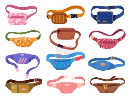 Illustration for Waist bags. Cartoon casual nylon belt bags with zipper pockets and cute design, vintage 90s fashion pouch flat vector illustration set. Hand drawn waist bags collection - Royalty Free Image