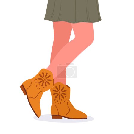 Téléchargez les illustrations : Des jambes féminines portant des bottes. Dessin animé femme porter des bottes en daim et jupe, illustration vectorielle plat tenue féminine à la mode. Jambes dans les chaussures de mode - en licence libre de droit