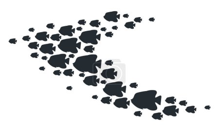 Téléchargez les illustrations : Groupe de natation de poissons. Dessin animé silhouette de haut-fond de poissons exotiques, illustration vectorielle plate de la faune de récifs coralliens sous-marins tropicaux. Silhouette noire Fish Shoal - en licence libre de droit