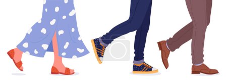 Illustration for Human walking legs. Male and female walking legs in trendy shoes, casual footwear. People wearing jeans, skirt, sneakers and boots flat vector illustration - Royalty Free Image