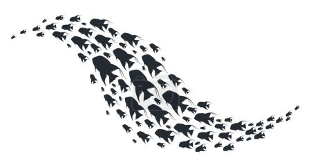 Téléchargez les illustrations : Silhouette de haut-fond de poisson. Banc de poissons exotiques, groupe de natation de poissons tropicaux sous-marins, faune de récifs coralliens illustration vectorielle plate - en licence libre de droit
