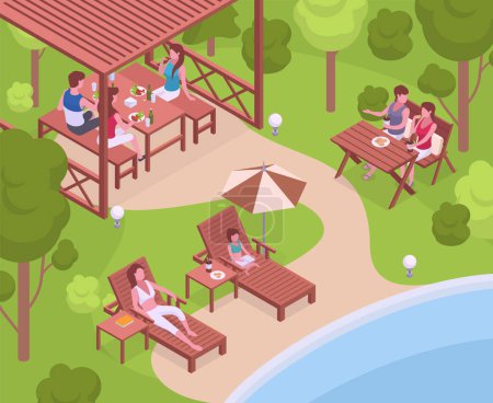 Illustration for Isometric people resting on backyard furniture. Outdoor garden furniture, summerhouse garden scenery with chilling characters 3d vector background illustration. Garden patio scene - Royalty Free Image