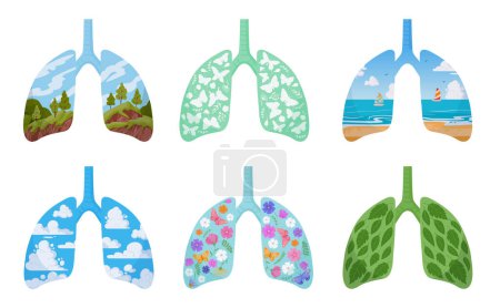 Téléchargez les illustrations : Dessin animé nettoyer les poumons. Poumons humains sains, métaphore des poumons de la planète verte. Concept de protection de l'environnement illustration vectorielle plate - en licence libre de droit