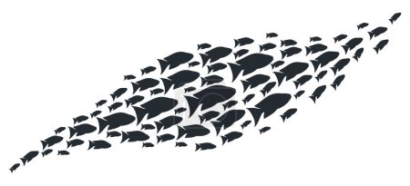 Téléchargez les illustrations : Cartoon groupe de natation de poissons. Poissons exotiques haut-fond, récif corallien tropical sous-marin faune vecteur plat illustration. Silhouette de haut-fond de poisson - en licence libre de droit