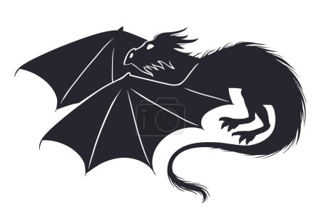 Illustration for Cartoon flying dragon. Fantasy winged reptile, magic dragon silhouette. Fairy fire breathing dragon flat vector illustration - Royalty Free Image