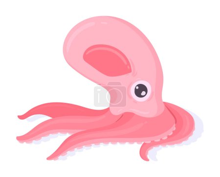 Téléchargez les illustrations : Calamar de bande dessinée. Dessin animé animal calamar aquatique, faune sous-marine créature vecteur plat illustration - en licence libre de droit