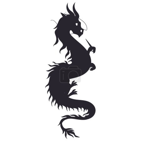 Téléchargez les illustrations : Fantaisie silhouette de dragon volant. Reptile dessin animé, dragon ailé asiatique. Signe du zodiaque chinois, illustration vectorielle plate de dragon respirant le feu de conte de fées - en licence libre de droit