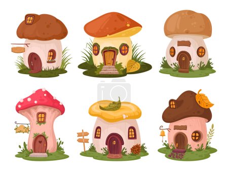Illustration for Fantasy mushroom houses. Cartoon fairy tale forest characters tiny houses, cute magic mushroom cabins flat vector illustration set. Mushroom fairy home collection - Royalty Free Image