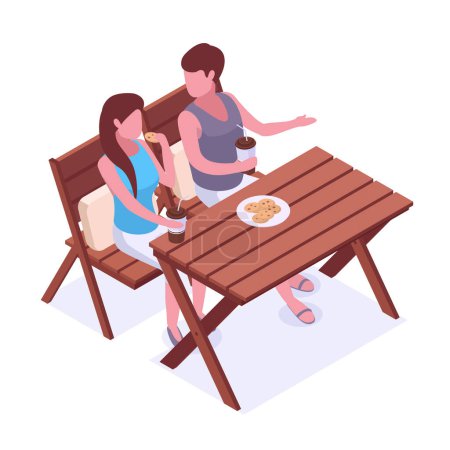 Illustration for Isometric man and woman on backyard. People spending time on terrace, chilling and snacking 3d vector illustration. Couple chilling on backyard - Royalty Free Image