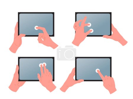 Illustration for Tablet screen touch gestures. Cartoon hands holding and using digital tablet. Tap, zoom and swipe gestures flat vector illustration set. Hands working with gadgets - Royalty Free Image