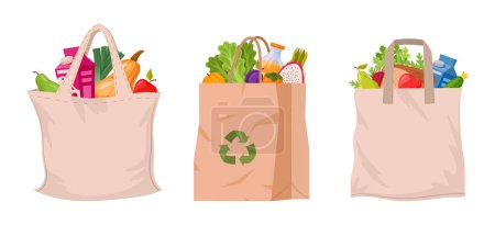 Illustration for Reusable grocery bags. Cartoon eco shopping bags, zero waste bags with vegetables and fruits flat vector illustration set. No waste textile shopping bags - Royalty Free Image