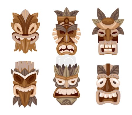 Illustration for Wooden ceremonial tiki masks. Cartoon tribal ritual african and hawaiian masks. Aztec or african idols flat vector illustration set. Ethnic tiki totems - Royalty Free Image