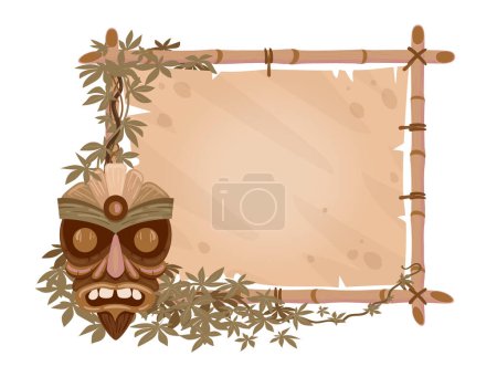 Téléchargez les illustrations : Cadre en bambou totem Tiki. Dessin animé hawaïen ou africain aborigène totem masque sur panneau, cadre en bois avec statue tribale vecteur plat illustration - en licence libre de droit