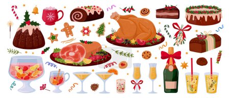 Christmas food. Winter holiday meal, turkey, ham, punch, champagne, xmas pastry, cookies and sweets flat vector illustration set. Festive Christmas food collection
