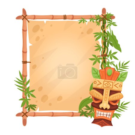 Téléchargez les illustrations : Cadre en bambou totem Tiki. Caricature avec totem aborigène hawaïen et africain. Cadre en bambou avec masque tribal en bois illustration vectorielle plate - en licence libre de droit