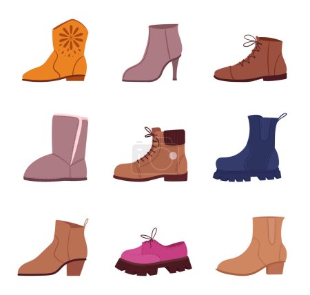 Illustration for Cartoon footwear. Female uncle boots, heels, chelsea and winter boots flat vector illustrations set. Fall winter trendy footwear - Royalty Free Image