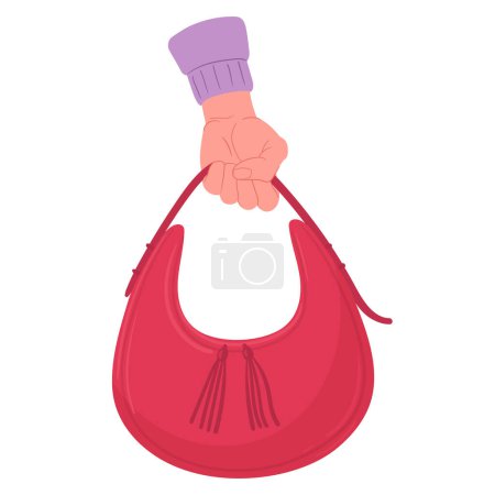 Illustration for Female hand hold bag. Fashionable leather bag in hand, female palm holding casual baguette bag flat vector illustration. Red leather bag in hand - Royalty Free Image