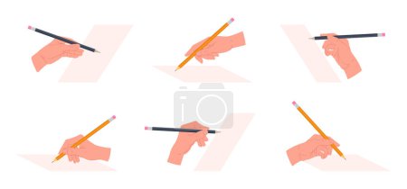 Illustration for Human hand writes with pencil. Writing hand taking notes, filling planner or signing documents isolated flat vector illustration set. Pencil in hands - Royalty Free Image