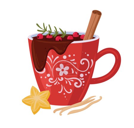 Téléchargez les illustrations : Une tasse de chocolat chaud. Tasse de Noël de cacao chaud avec bâton de cannelle, illustration vectorielle plate de tasse de boisson chaude festive de Noël. Dessin animé vacances d'hiver boisson - en licence libre de droit