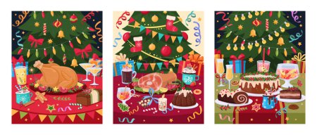 Illustration for Festive Christmas table posters. Winter holidays meal, cartoon dishes on table, traditional holiday sweets and desserts flat vector illustration set. Christmas holidays card - Royalty Free Image