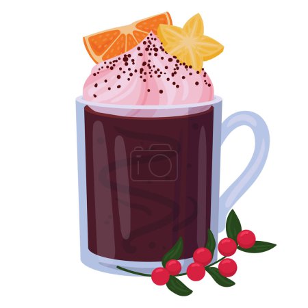 Téléchargez les illustrations : Chocolat chaud de Noël. Boisson de vacances d'hiver avec crème fouettée, boisson chaude de Noël en verre illustration vectorielle plate. Mug au cacao de Noël - en licence libre de droit