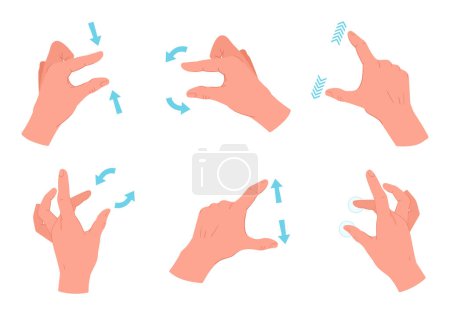 Illustration for Touchscreen gestures. Hand gestures, smartphone screen swipe, tap, pinch, zoom and rotate gestures flat vector illustration set. Gadget screen touch hand signs collection - Royalty Free Image