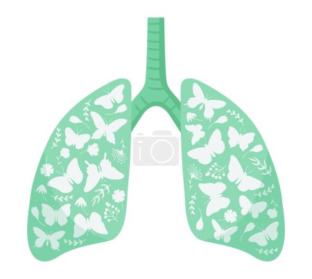 Ilustración de Metáfora pulmonar del planeta verde de dibujos animados. Humano sano, pulmones limpios con mariposas, aire fresco, buena condición ecológica plana vector ilustración - Imagen libre de derechos