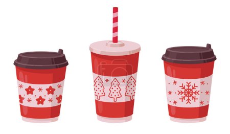 Téléchargez les illustrations : Tasses à café de Noël. Tasses en papier rouge dessin animé avec café chaud, thé ou cacao. tasse de café avec boissons chaudes plat vecteur illustration ensemble - en licence libre de droit