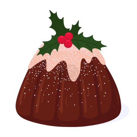Téléchargez les illustrations : Dessert sucré de Noël. Gâteau traditionnel de Noël avec glaçage à la vanille, délicieux gâteau à la cuisson. Vacances d'hiver repas festif plat vecteur illustration - en licence libre de droit