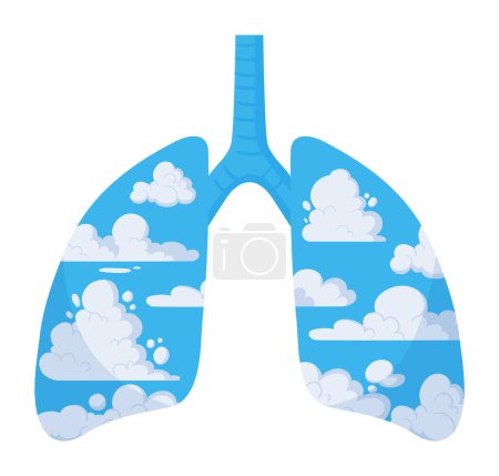 Téléchargez les illustrations : Métaphore des poumons du ciel propre. Caricature poumons propres, poumons humains en bonne santé avec ciel bleu et nuages. Concept de protection de l'environnement illustration vectorielle plate - en licence libre de droit