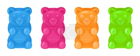 Illustration for Cartoon gummy bears. Fruity jelly candy, chewy multi colored sweets in shape of bear flat vector illustration set. Gummy bears collection - Royalty Free Image