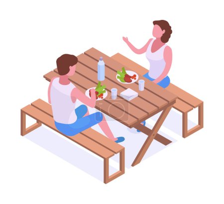 Illustration for Isometric man and woman on backyard. People having dinner outdoor, garden furniture and relaxing characters spending time on backyard 3d vector illustration - Royalty Free Image