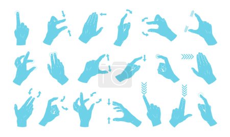 Ilustración de Gestos de pantalla táctil de mano. Toque en la pantalla del teléfono inteligente, deslizar, pellizcar, girar y zoom gestos conjunto de ilustración de vector plano. Pantalla táctil mano signos colección - Imagen libre de derechos