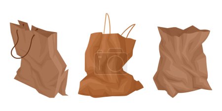 Illustration for Crumpled paper bags. Cartoon used shopping bags, zero waste paper bag, reusable grocery bag flat vector illustration set. No waste shopping package - Royalty Free Image