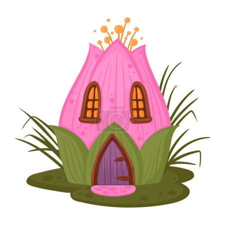 Illustration for Flower bud house. Cartoon fairytale flower bud cabin, magic fairy little cottage flat vector illustration. Fantasy cute house - Royalty Free Image