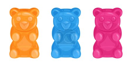 Illustration for Gummy bears. Cartoon jelly candy, fruity chewy multi colored sweets in shape of bear flat vector illustration set. Cute gummy bears collection - Royalty Free Image