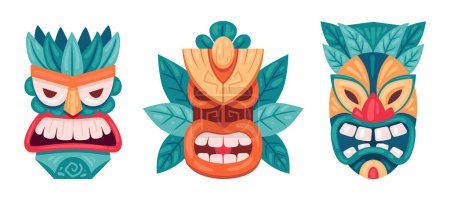 Ilustración de Máscaras de tótem tiki ceremonial. Máscaras tiki de madera de dibujos animados, máscaras rituales tribales étnicas. Idolos africanos o hawaianos conjunto de ilustración vector plano. Colección de mascarillas tótem Tiki - Imagen libre de derechos