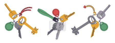 Illustration for Apartment or house door keys bunches. Hand drawn keys with keychain, keyring and plastic tag. Real estate property entrance keys flat vector illustration set. Door key bunches - Royalty Free Image