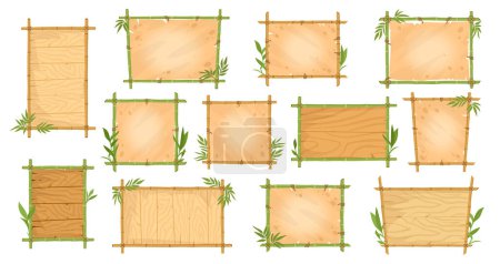 Illustration for Bamboo frames. Jungle borders with bamboo sticks, leaves and parchment paper, wooden planks exotic signs ui game design, flat vector illustration set. Asian bamboo signboard collection - Royalty Free Image