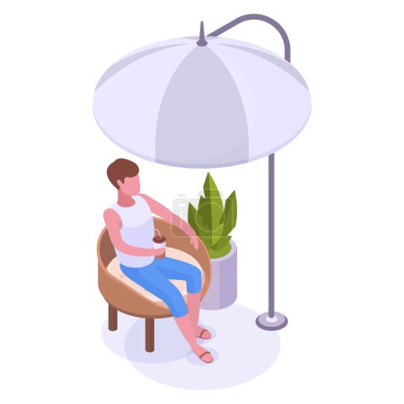 Illustration for Isometric man on backyard. Male character sitting outside under umbrella, chilling guy spending time on backyard or garden 3d vector illustration - Royalty Free Image