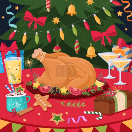 Illustration for Christmas meal background. Festive xmas table poster, holidays meal, traditional holidays turkey, pastry and drinks flat vector illustration. Cartoon winter holidays card - Royalty Free Image