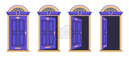 Illustration for Opened and closed door. House entrance wooden door animation, apartment door in various positions flat vector illustration set. Home facade close and open doors - Royalty Free Image