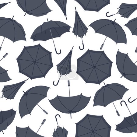 Téléchargez les illustrations : Parapluie motif sans couture. Parapluies noirs ouverts, fermés et pliés, parasols saisonniers pluvieux illustration de fond vectoriel plat. Parapluie moderne design sans fin - en licence libre de droit