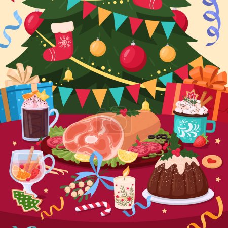 Illustration for Winter holidays table poster. Christmas meal, pork dish on table, holiday drinks and desserts flat vector illustration. Festive holidays background - Royalty Free Image
