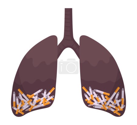 Téléchargez les illustrations : Poumons fumés. Dessin animé système respiratoire pollué malsain, pollution de l'environnement poumons humains métaphore illustration vectorielle plate - en licence libre de droit