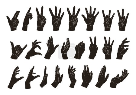 Ilustración de Siluetas de manos humanas. Caricatura mano palmas gestos, corazón, paz, bien y posición de llamada. Señalización de gestos conjunto de ilustración vectorial plana. Manos plantea colección silueta - Imagen libre de derechos