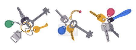 Illustration for Door keys bunches. Apartment or house keys with keychain with keyring and plastic tag. Door key bunches flat vector illustration set. Real estate property entrance keys - Royalty Free Image