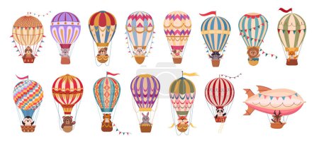 Illustration for Cartoon animals flying on hot air balloons. Retro flying dirigibles and hot air balloon with animals on board flat vector illustration set. Cute characters flying on air transport - Royalty Free Image