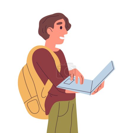 Illustration for Student holding laptop. College or high school student, wireless gadget user, male characters studies or freelance works flat vector illustration - Royalty Free Image